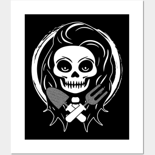 Female Gardener Skull and Garden Tools White Logo Posters and Art